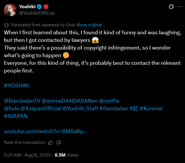 Yoshiki sobre infracción de derechos de autor en DAN DA DAN
