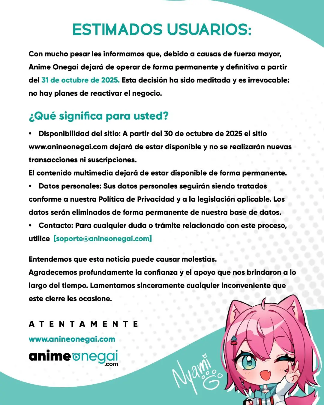 ¡Atención, Fans del Anime! Onegai Cierra sus Puertas el 31 de Octubre Anime Onegai Release