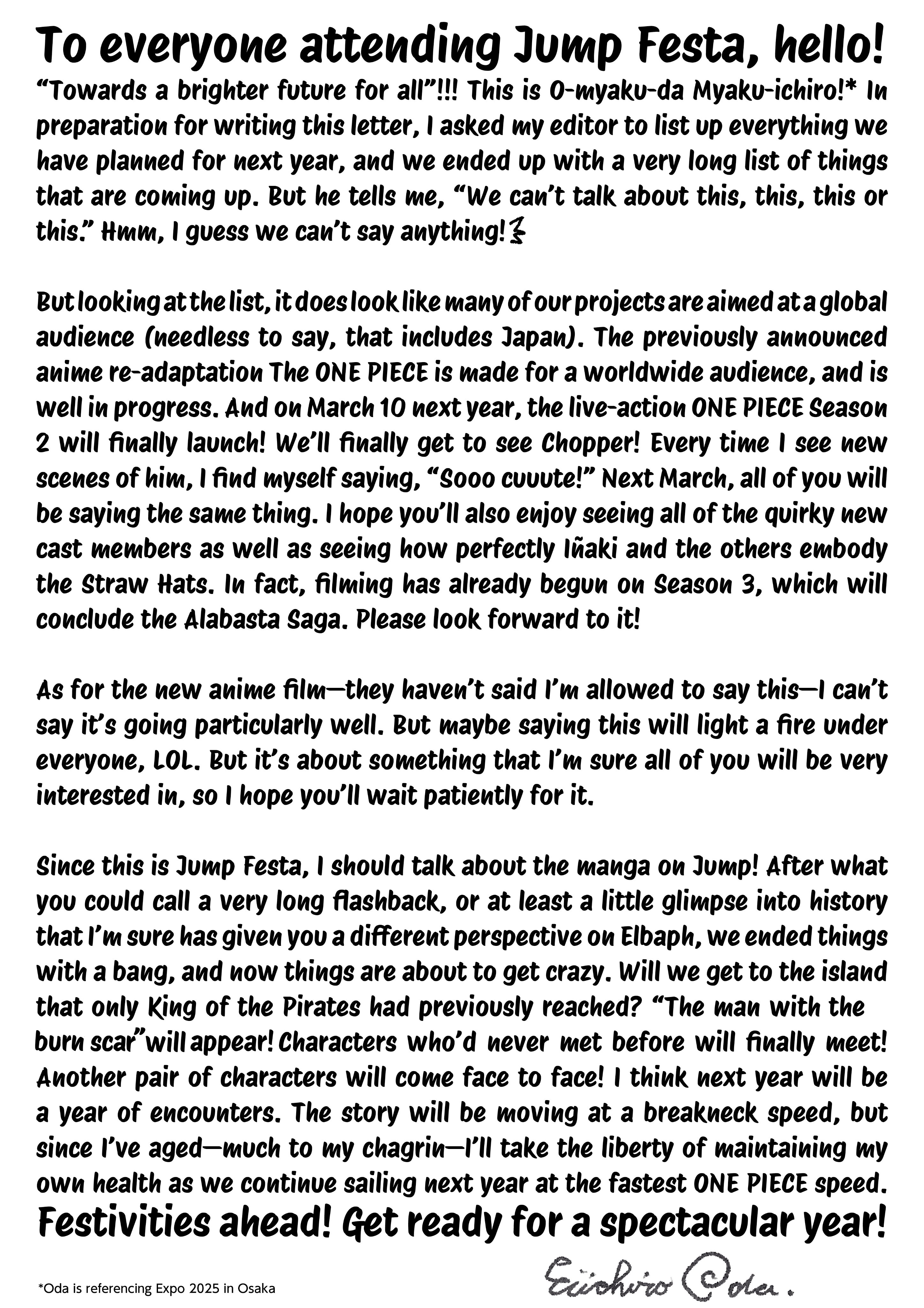 Eiichiro Oda Anticipa un Nuevo Film de One Piece: "¡Es Algo que Todos Querrán Saber!" Eiichiro Oda – Mensaje completo de Jump Festa 2026 sobre la nueva película de ONE PIECE